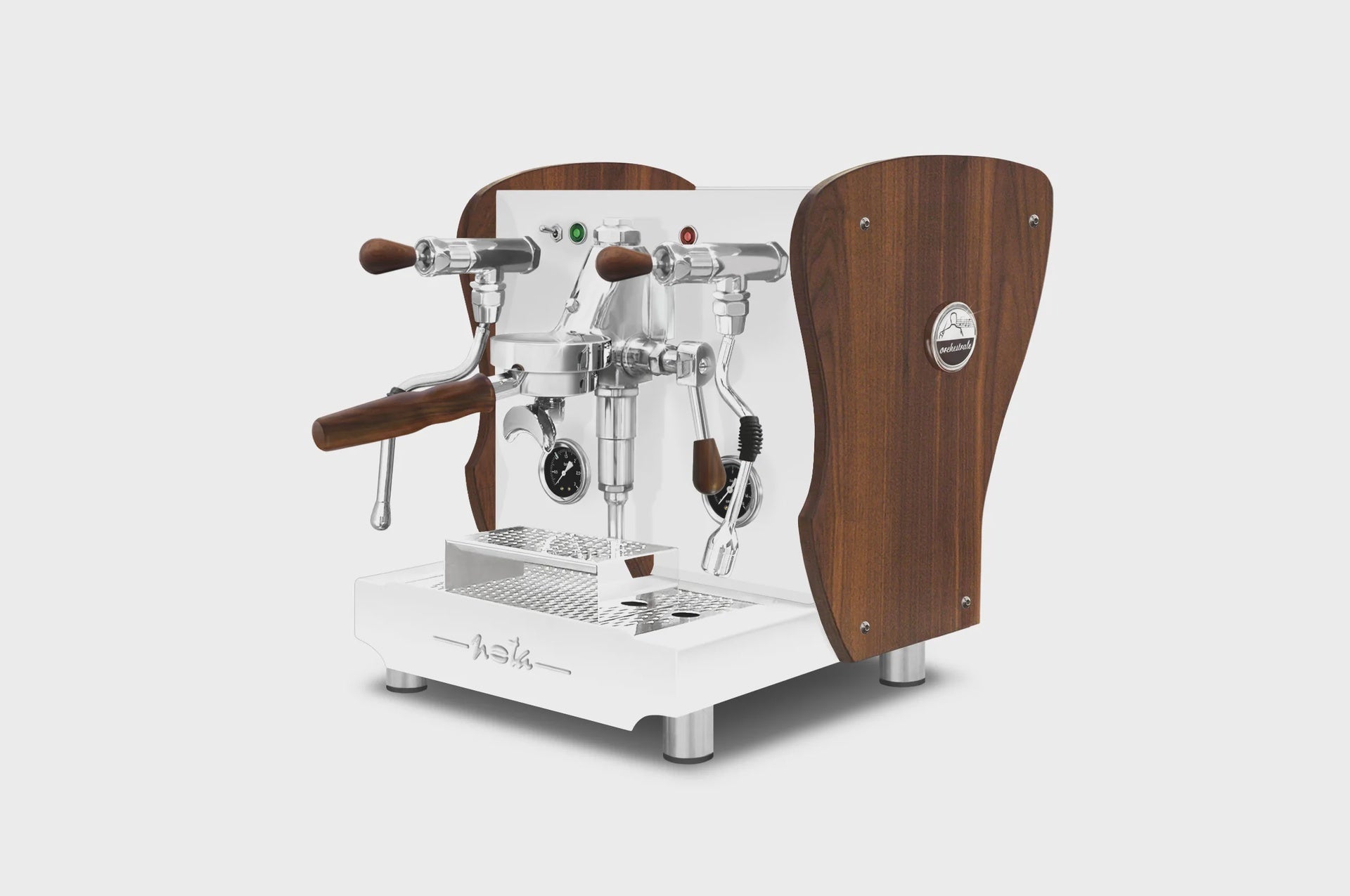 Angled view of an Orchestrale Nota espresso machine featuring a white body, premium wooden side panels, chrome group head, and wooden handles.