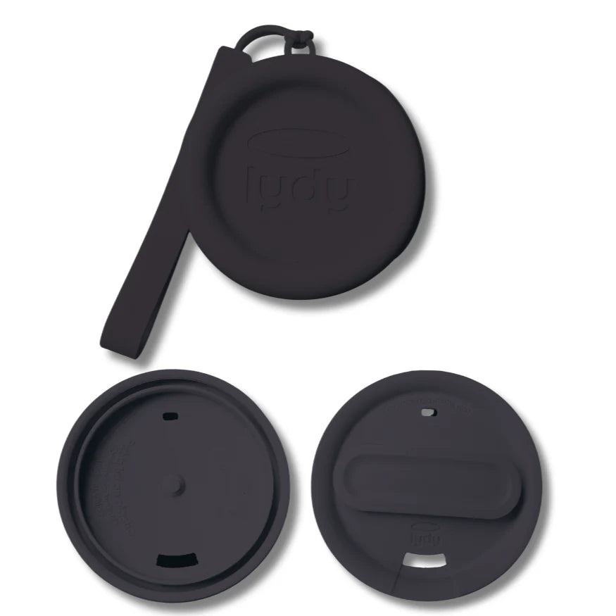 Lydy Piccolo black reusable silicone coffee cup lid showing front, rear, and interior views next to its matching silicone carry pouch.