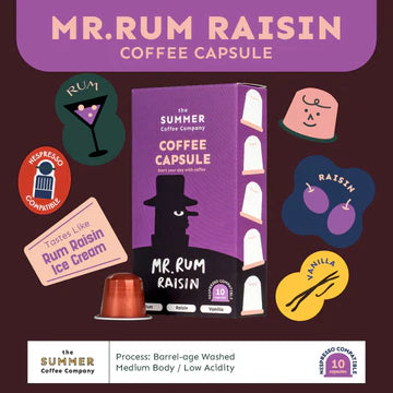 Front angled promotional view of The Summer Coffee Company Mr. Rum Raisin Nespresso-compatible coffee capsule box with illustrations of its flavor notes.