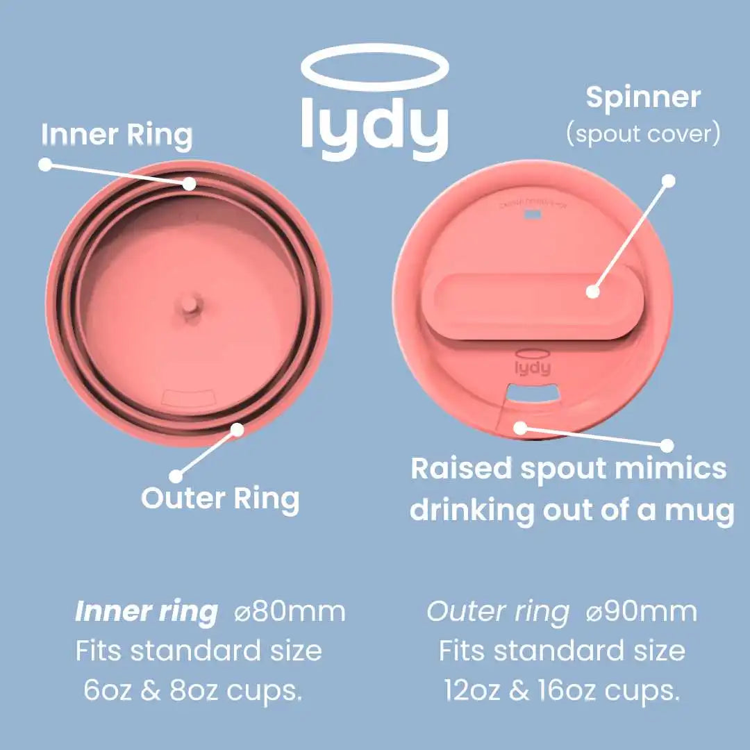 A product specification sheet for the Lydy pink reusable silicone lid, highlighting the 80mm inner ring, 90mm outer ring, and spinner spout cover.