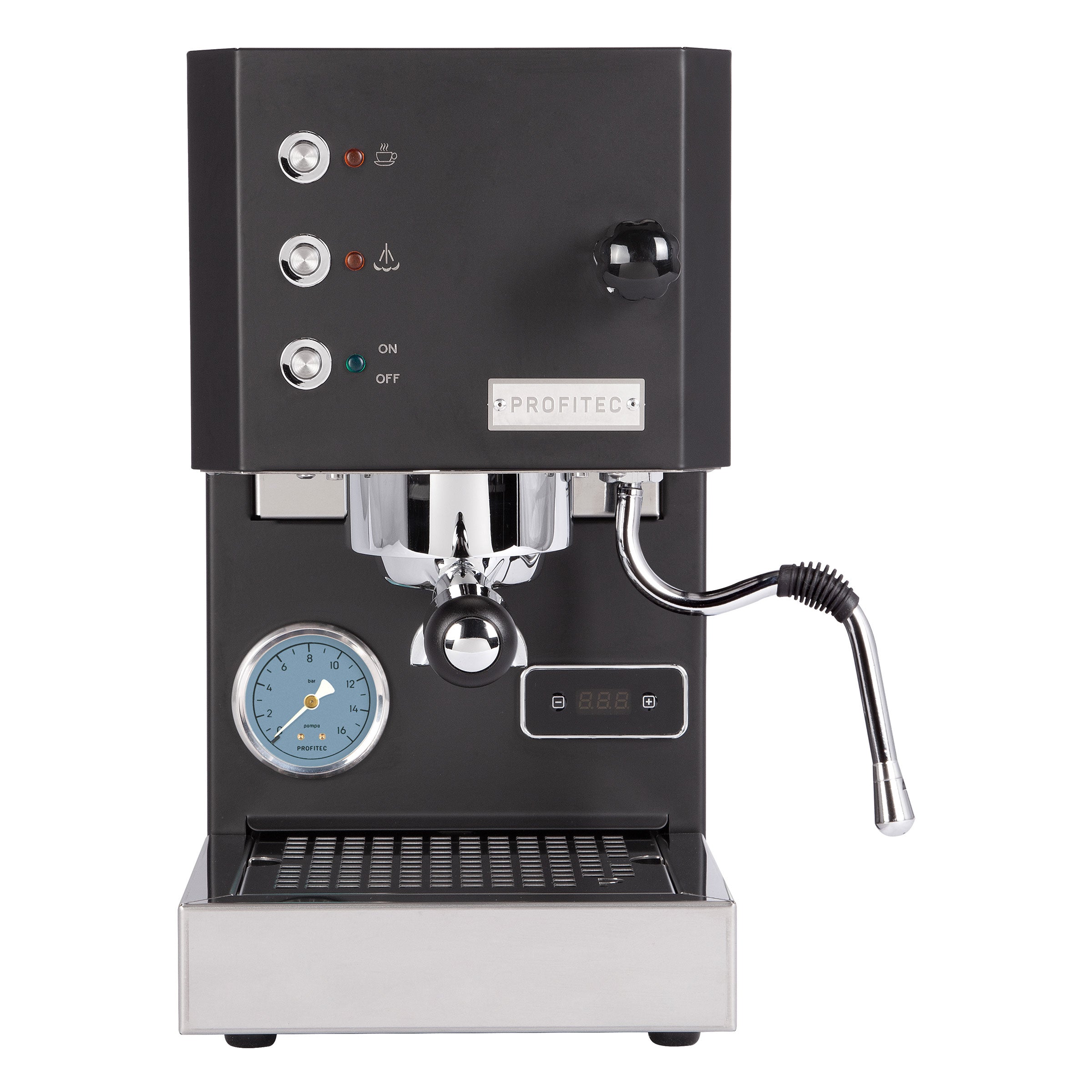 Front view of a black Profitec Go espresso machine featuring a chrome portafilter, steam wand, pressure gauge, and digital PID display.