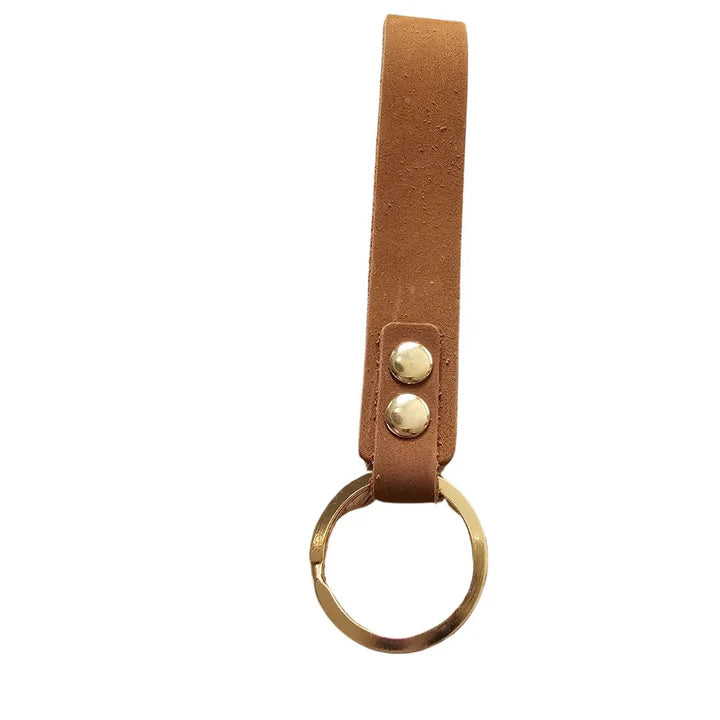 Front view of a TanKeyring leather keychain featuring a tan brown strap secured with two gold rivets to a matching gold split ring.