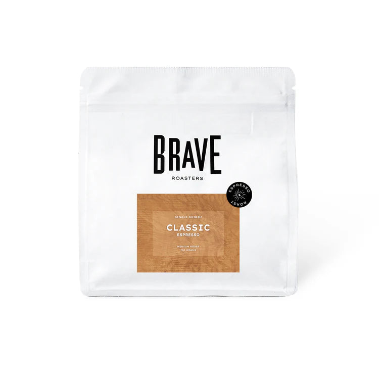 Front view of a white Brave Roasters Classic Espresso single origin medium roast coffee bag, 200 grams.