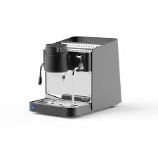 Angled view of an X-More HOYI espresso machine in matte black and chrome, featuring a group head, steam wand, and metal drip tray.