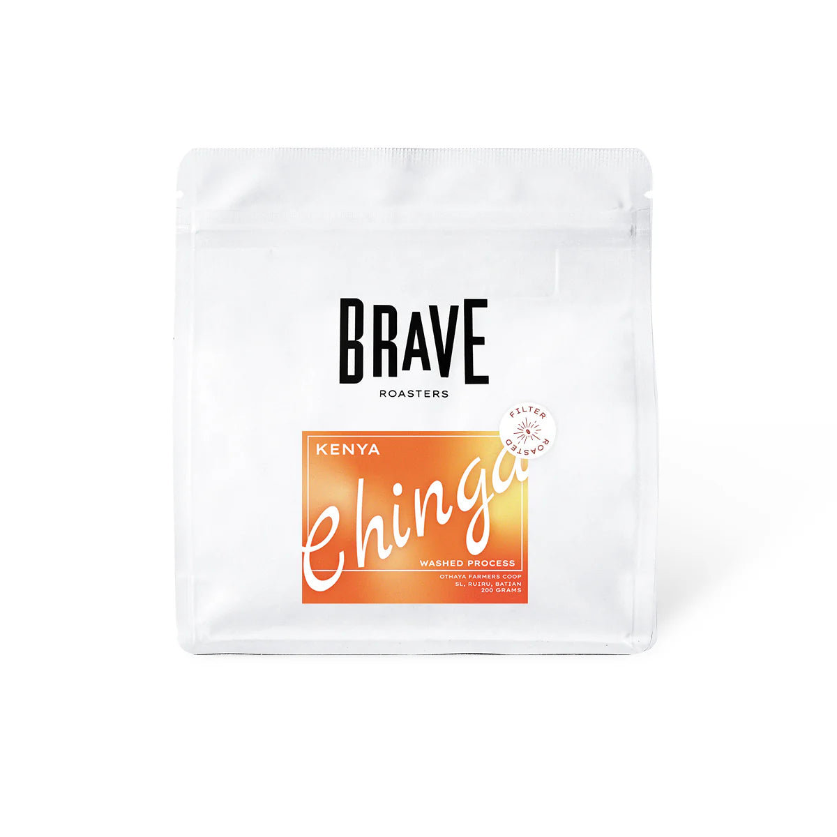 Front view of a white Brave Roasters bag of Kenya Chinga washed process filter coffee with a bright orange label.