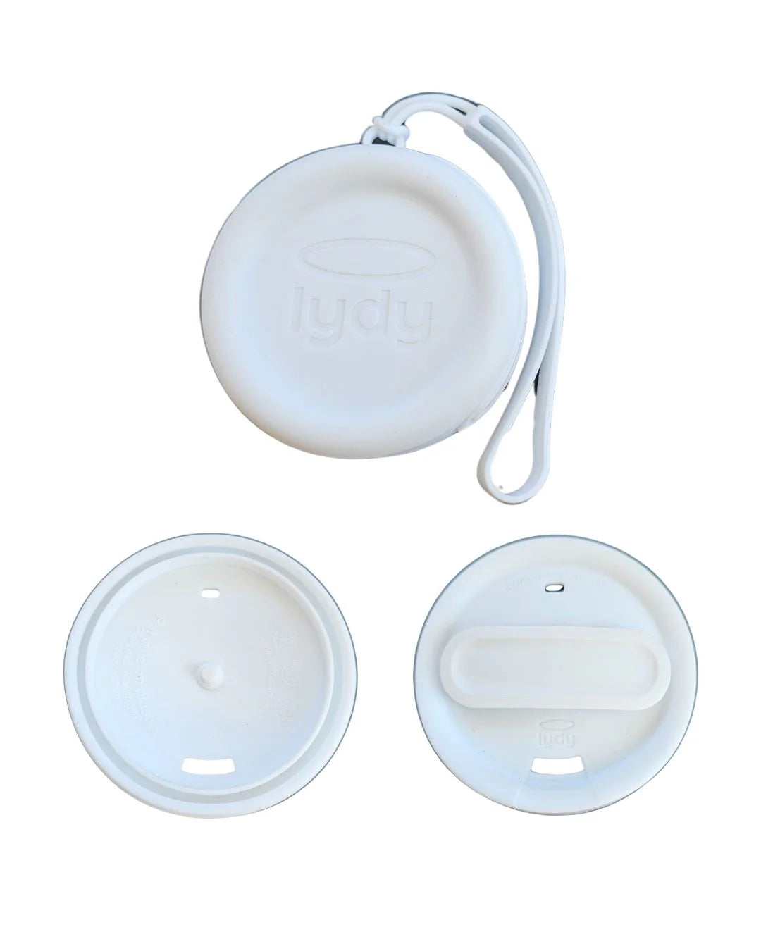 Top view of a white Lydy "snow set" reusable silicone coffee cup lid, including its carry pouch with strap and two disassembled lid parts.
